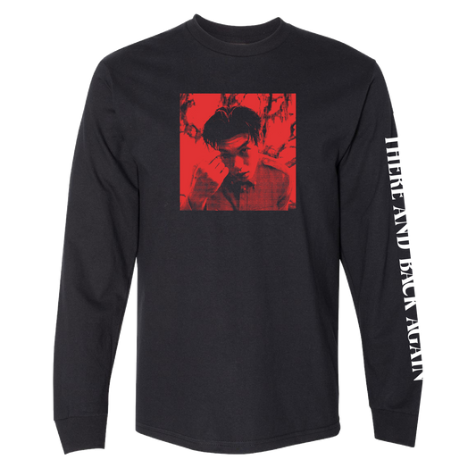 Black long sleeve shirt with a red graphic of a person's face on the front and text on the sleeves.