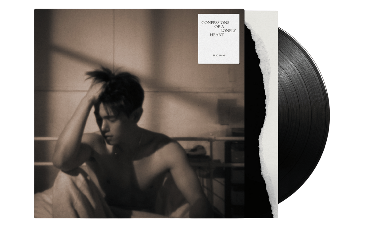 Confessions of A Lonely Heart Vinyl record with a vintage looking black and white photo of Eric Nam