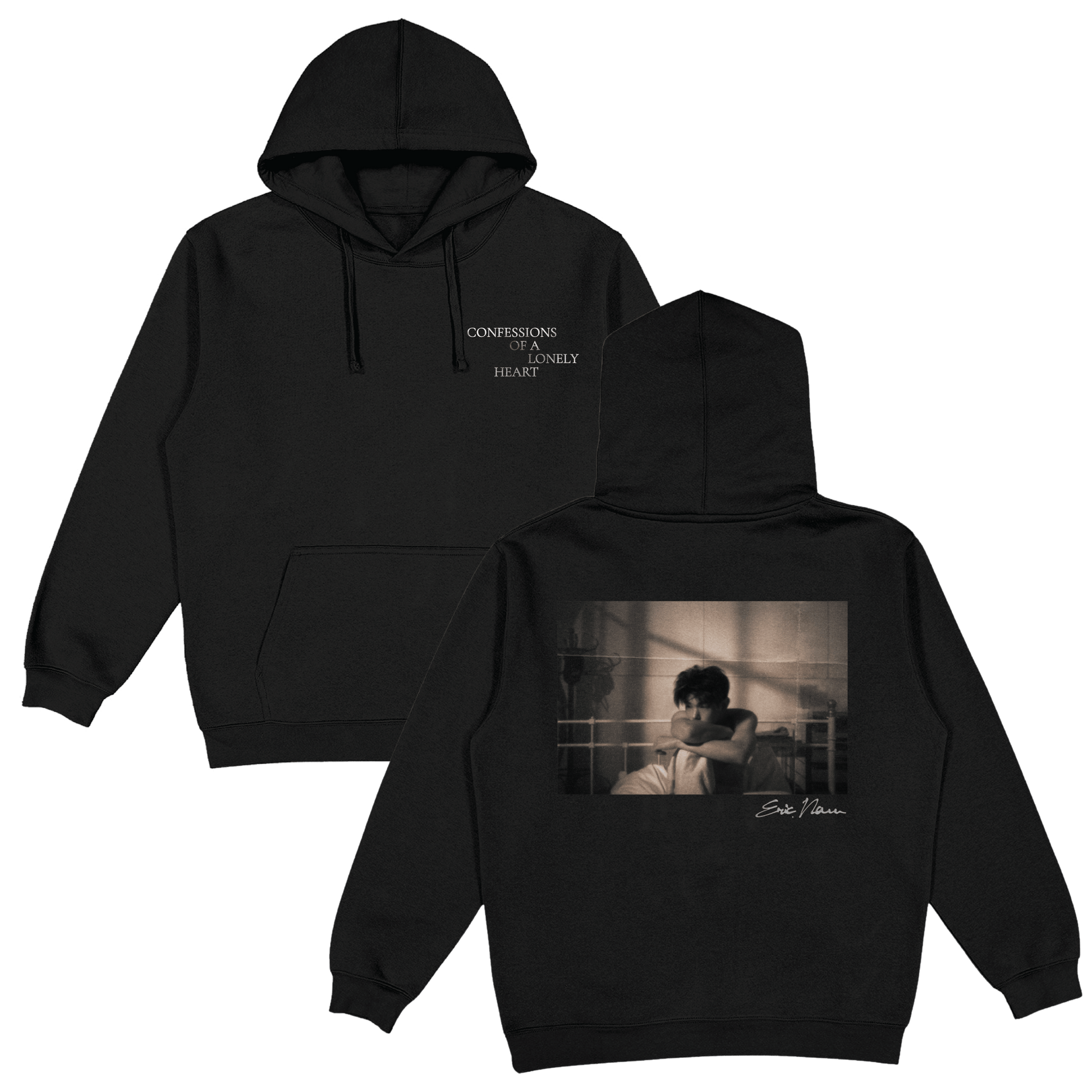 Black pullover hoodie shown from the front and back. The front has small white text reading 'CONFESSIONS OF A LONELY HEART' on the left chest and the back features a photo of Eric Nam