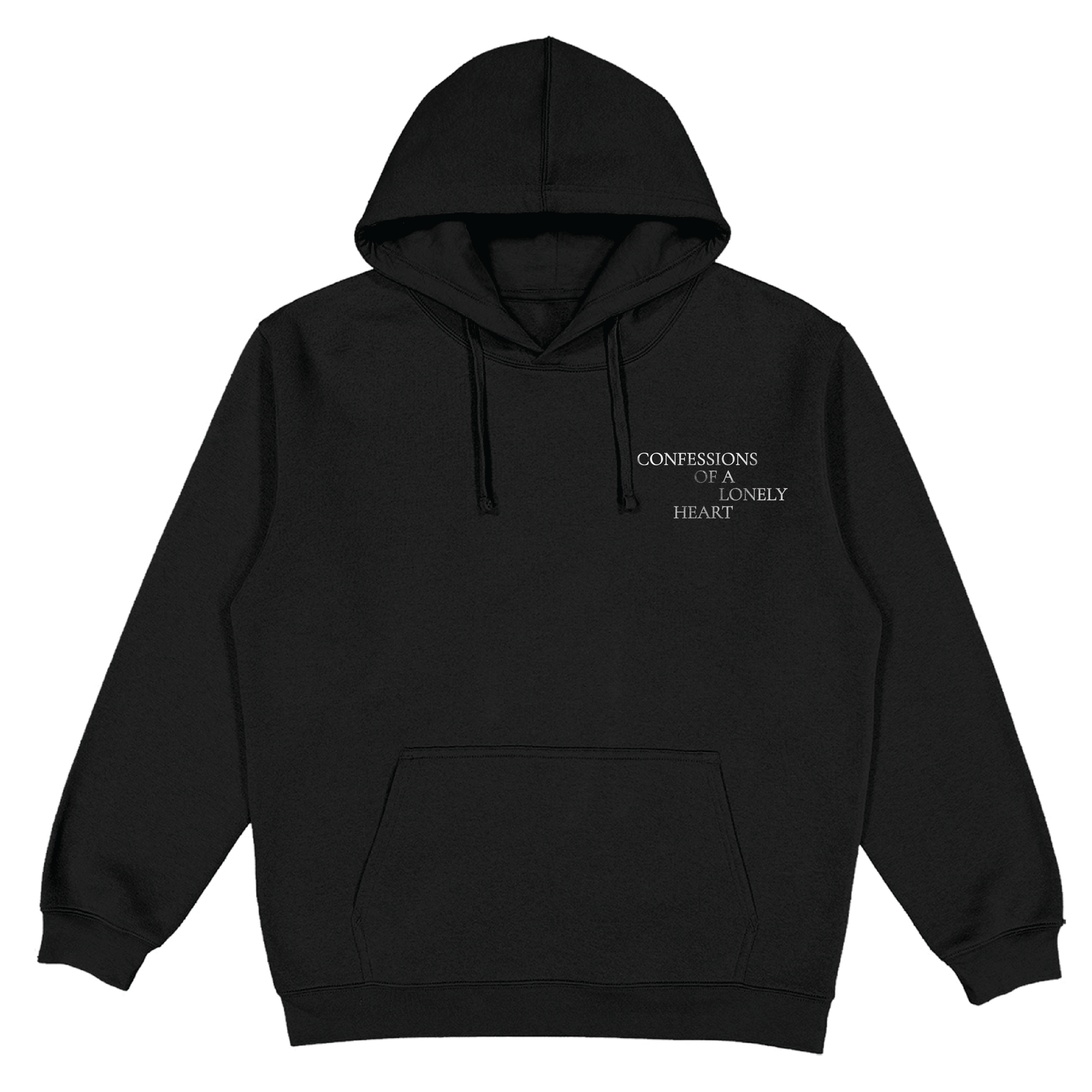 A black pullover hoodie with a small white text graphic on the left chest reading 'CONFESSIONS OF A LONELY HEART'. 