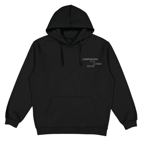 A black pullover hoodie with a small white text graphic on the left chest reading 'CONFESSIONS OF A LONELY HEART'. 