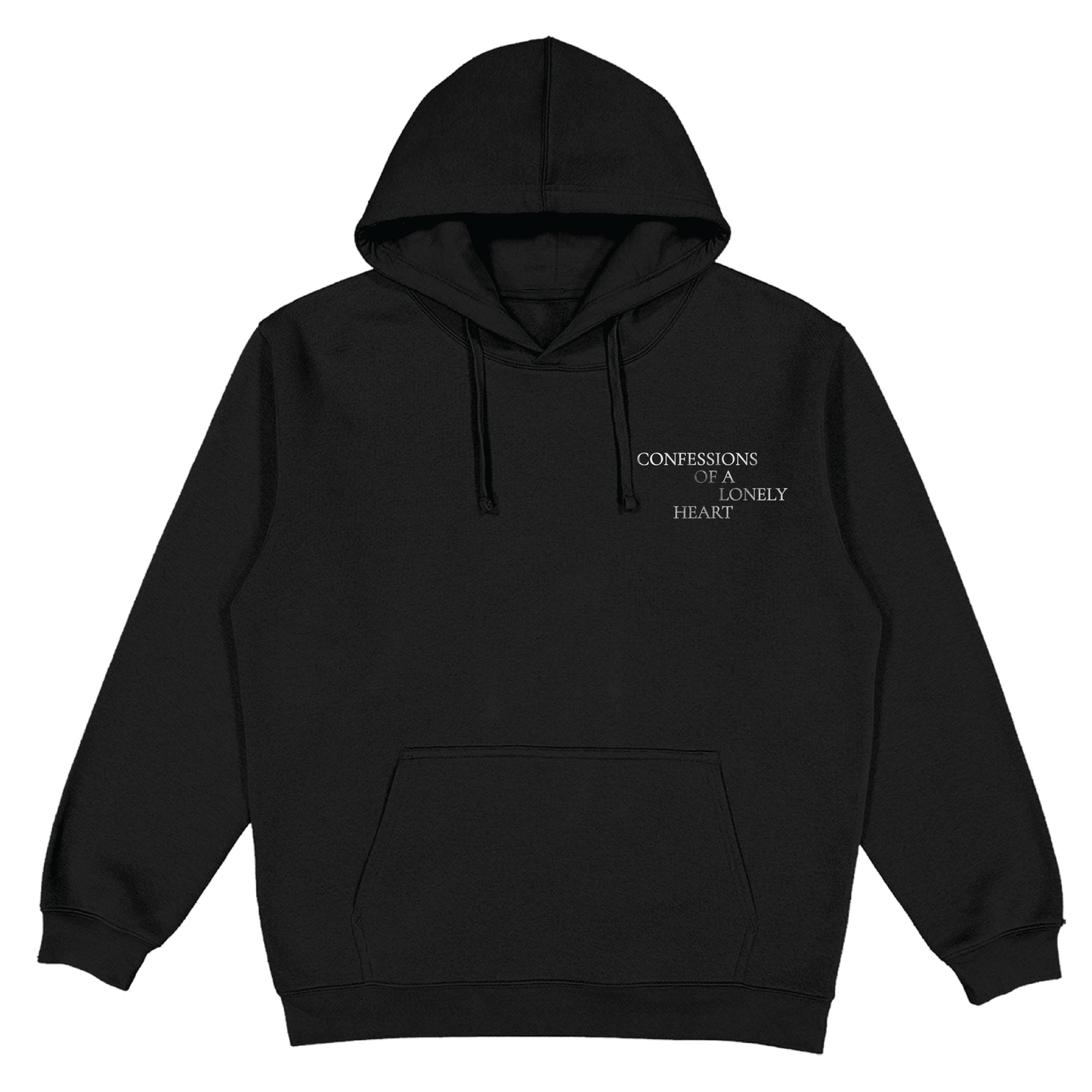 A black pullover hoodie with a small white text graphic on the left chest reading 'CONFESSIONS OF A LONELY HEART'. 