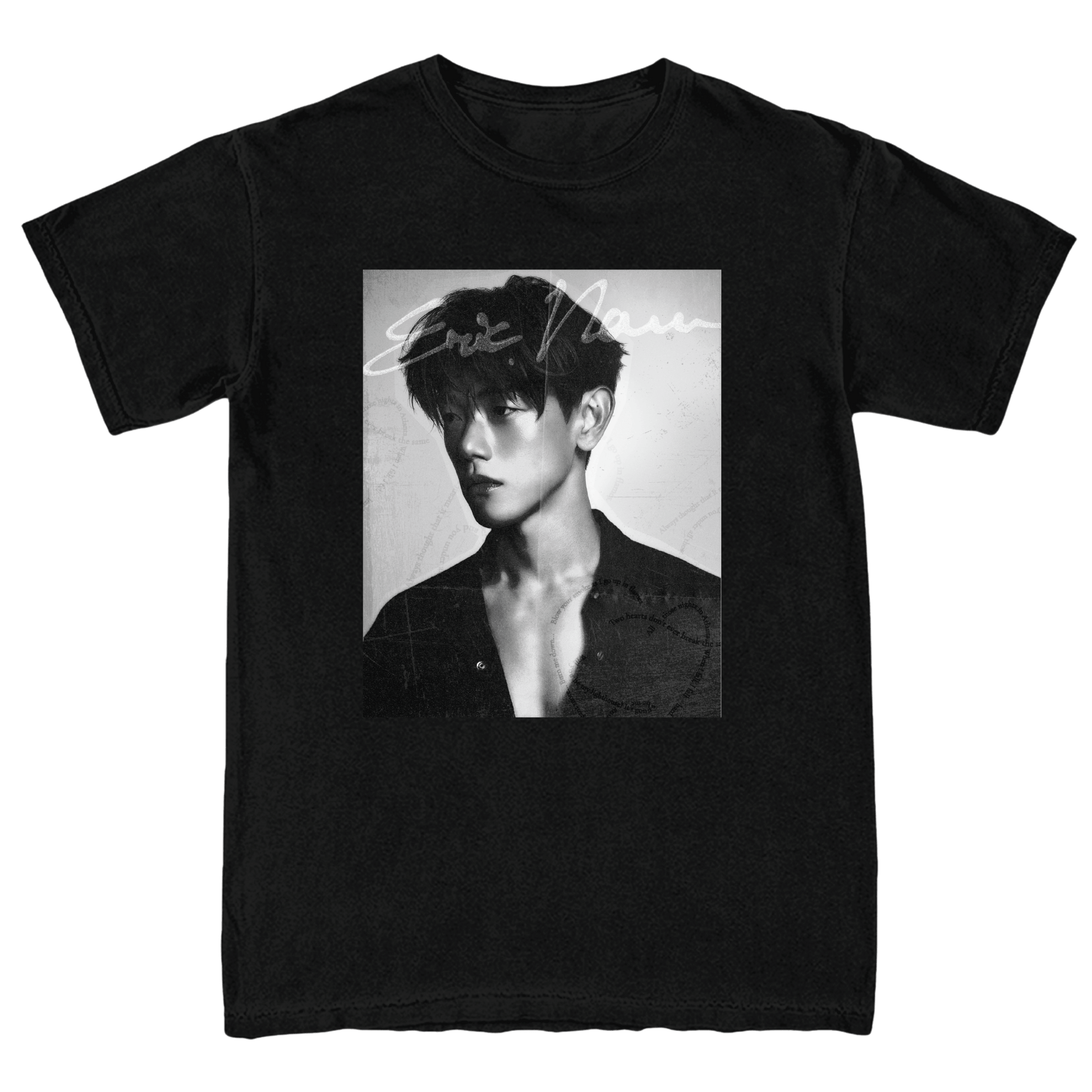 A black short-sleeve crewneck t-shirt featuring a large rectangular black-and-white graphic print on the front of Eric Nam