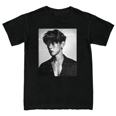 A black short-sleeve crewneck t-shirt featuring a large rectangular black-and-white graphic print on the front of Eric Nam
