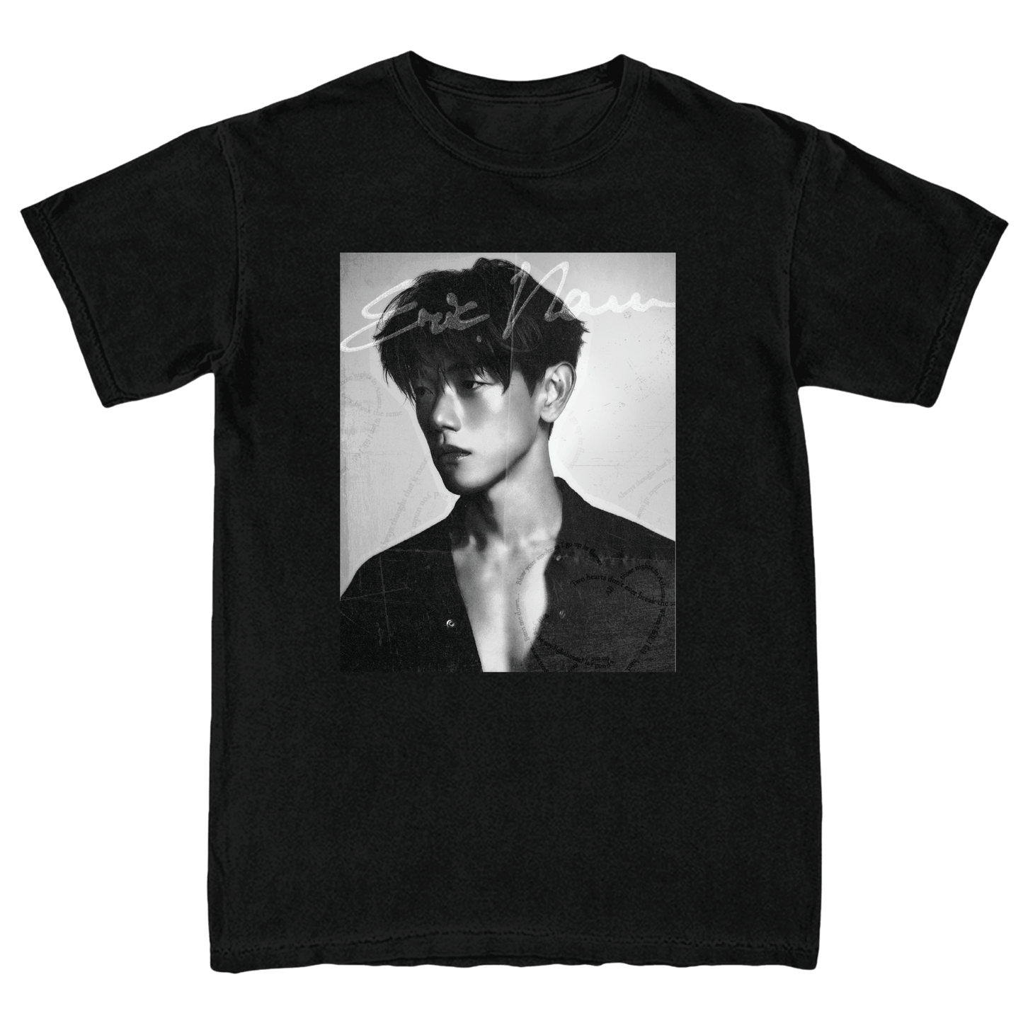 A black short-sleeve crewneck t-shirt featuring a large rectangular black-and-white graphic print on the front of Eric Nam