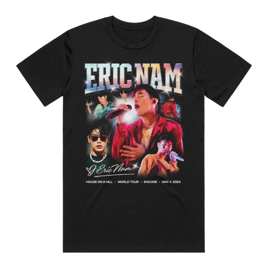 Black t-shirt with a graphic print of Eric Nam and the text 'L.A. Encore Event Tee' along with details of the concert.
