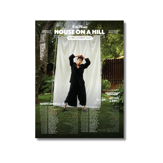A tour poster featuring a person in a black outfit standing in front of a white curtain with the text 'HOUSE ON A HILL' and tour dates below.